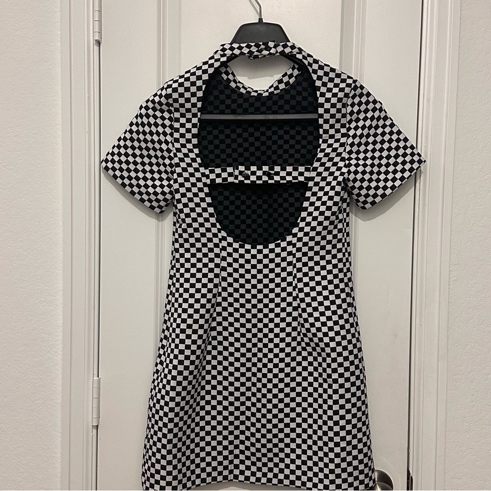 Checkered Black & White Open-Back Mini Dress Zara XS - Picture 2 of 6